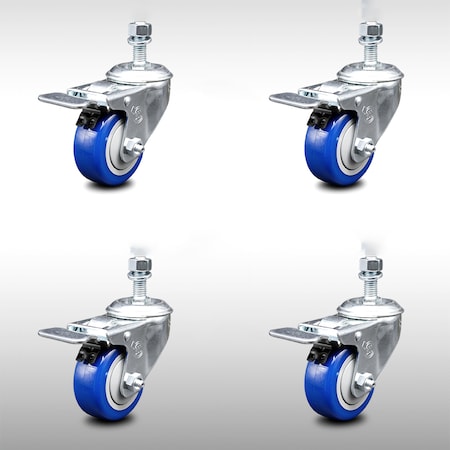 Service Caster 3 Inch SS Blue Polyurethane 1/2 Inch Threaded Stem Caster Set Total Lock Brake SCC-SSTSTTL20S314-PPUB-BLUE-121315-4